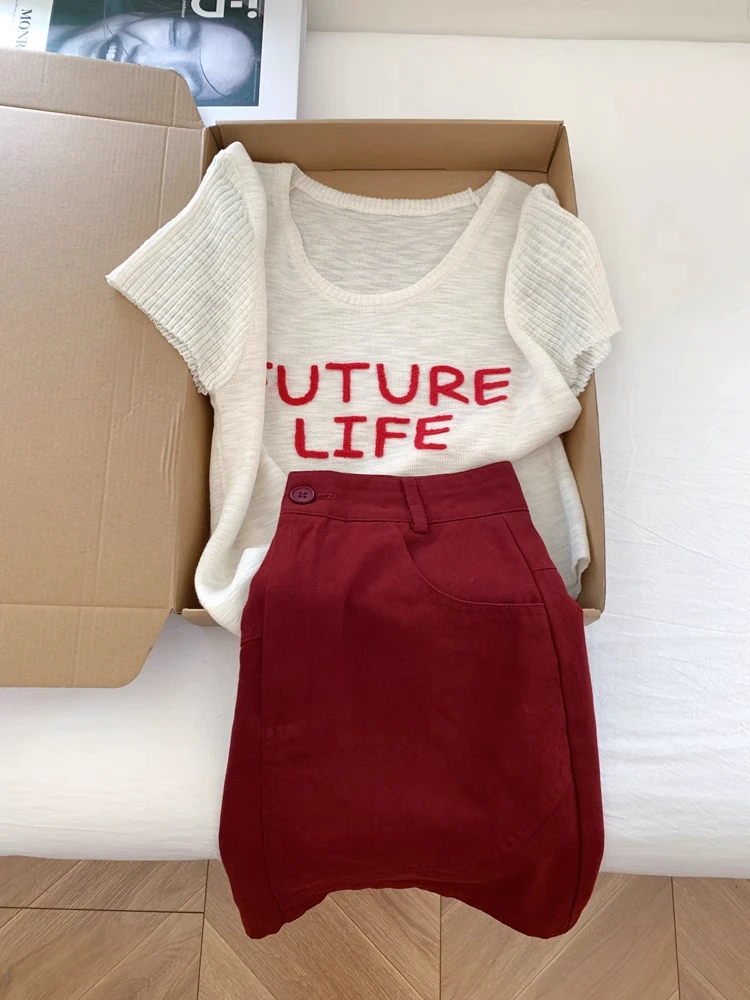 夏季穿搭一整套女2025新款时尚百搭针织短袖收腰显瘦半身裙两件套