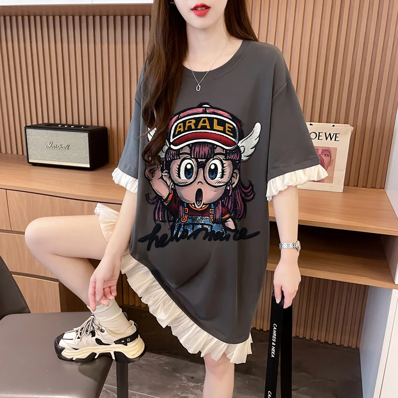 夏季蕾丝拼接连衣裙女款新款宽松显瘦遮肉大码设计感假两件T恤裙