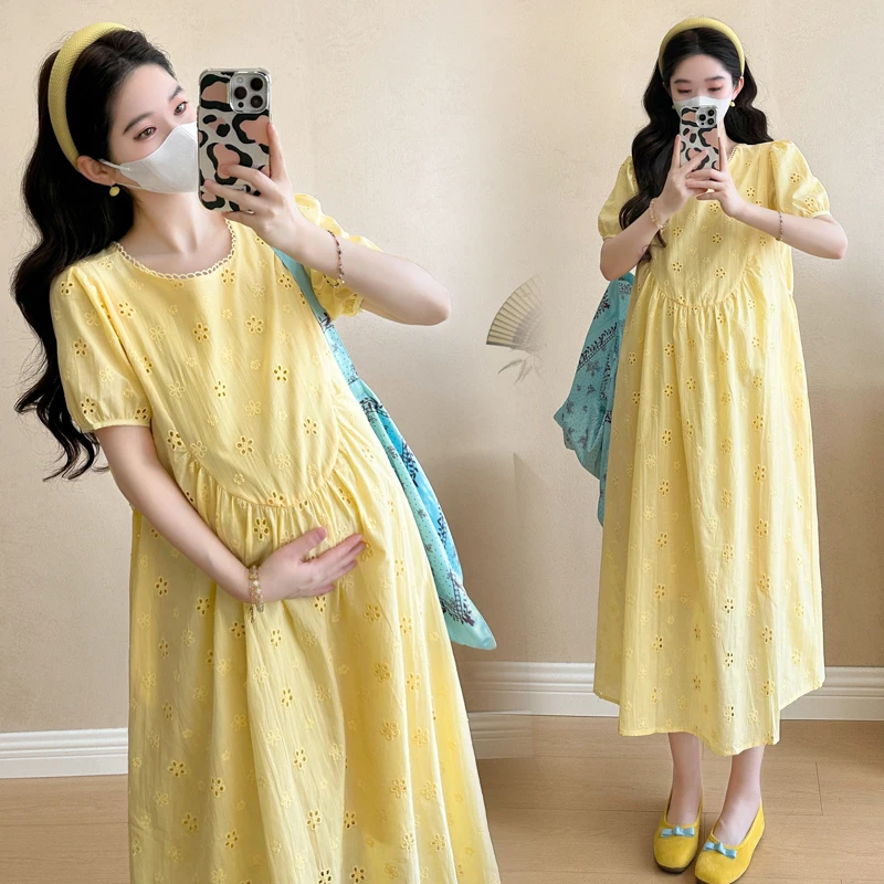 孕妇装夏装连衣裙新款洋气宽松衣服镂空连衣裙时尚显瘦泡泡袖孕妇