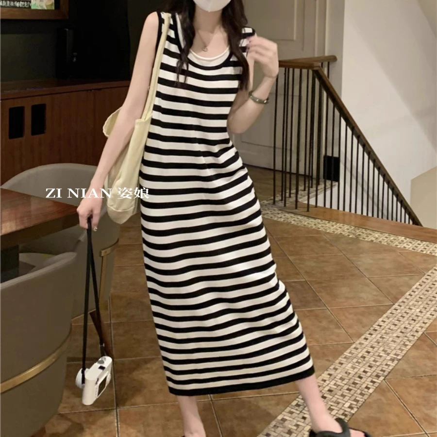 老钱风无袖条纹针织吊带连衣裙女春夏2025新款背心海边度假中长裙