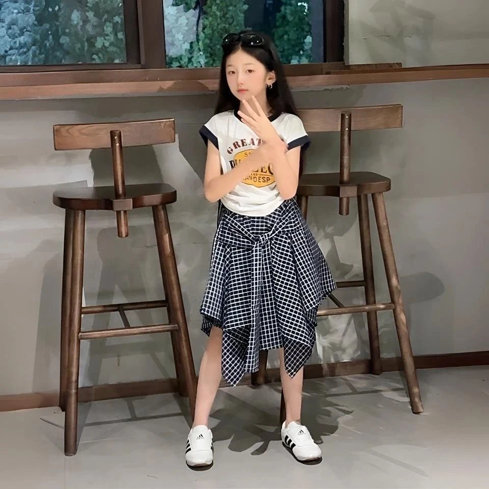 【思晨家】女童夏季新款套装洋气字母背心不规则格子短裙休闲两件套