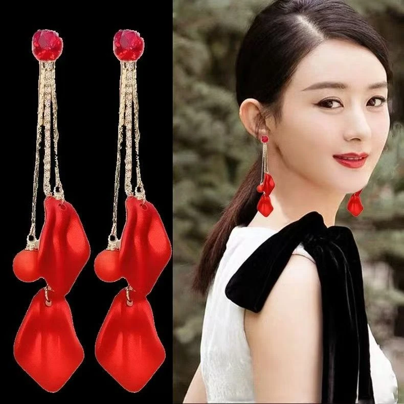 合金亚克力耳饰 【好运连连】多层链条锆石红色花瓣流苏