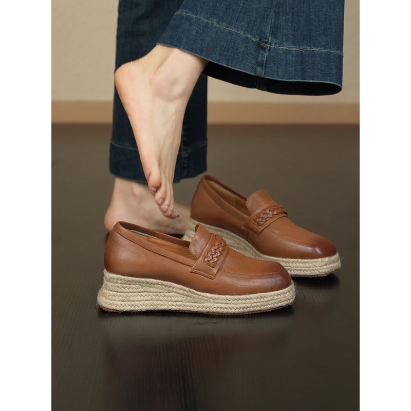 nnmiss·34-39/4cm百搭复古擦色方头编织带深口草编坡跟通勤乐福鞋