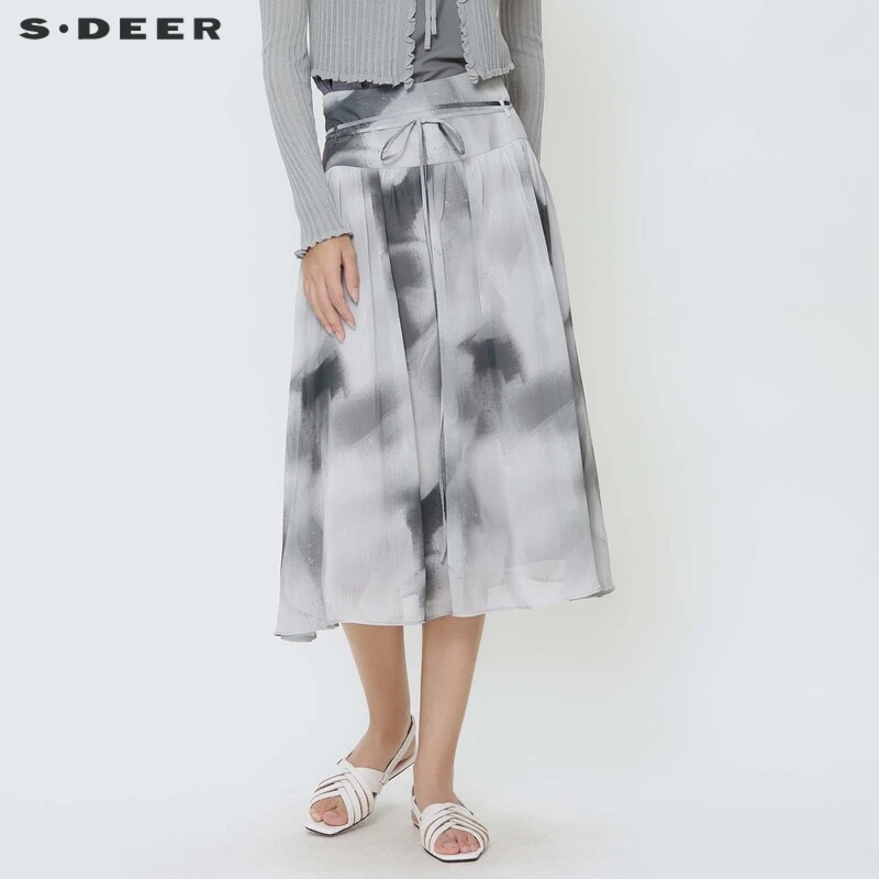 S·DEER圣迪奥水墨风高腰系带晕染A字伞裙气质宽松半身裙S24261104