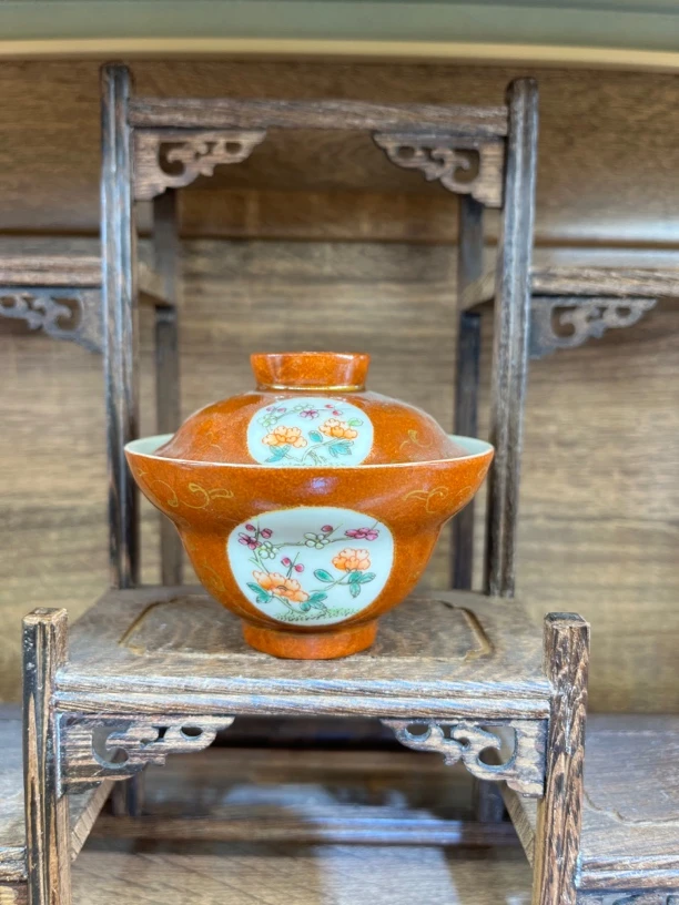 手工手绘紫金釉折腰盖碗