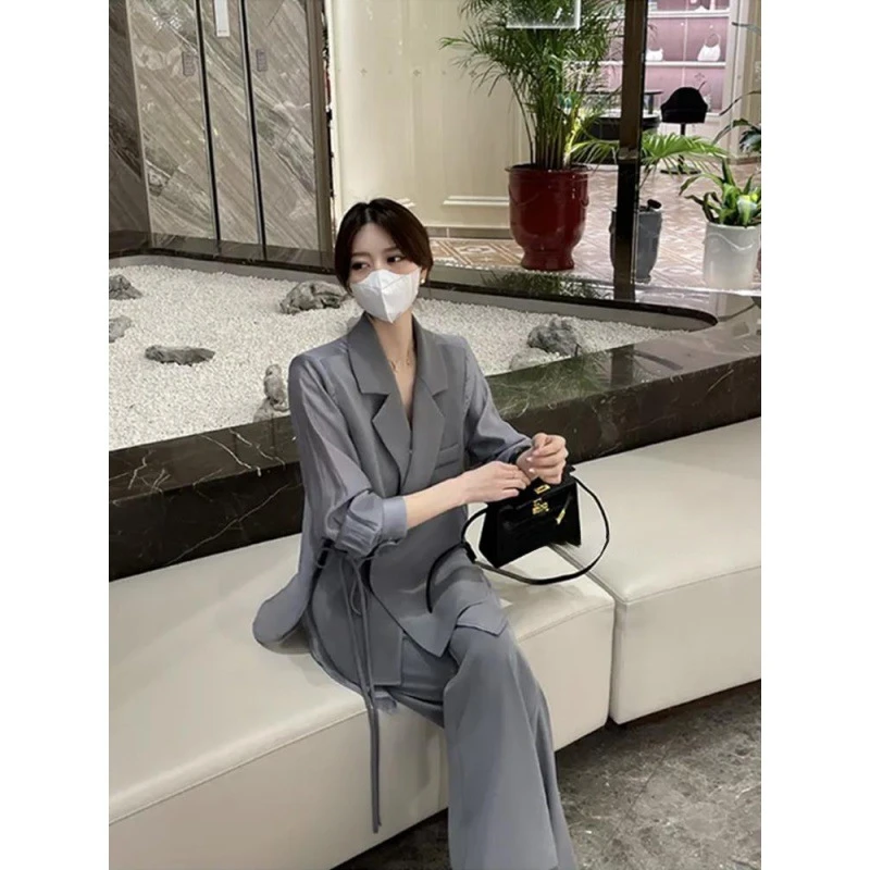 大码西装套装女春夏假两件拼接小众防晒薄款上衣洋气阔腿裤俩件套