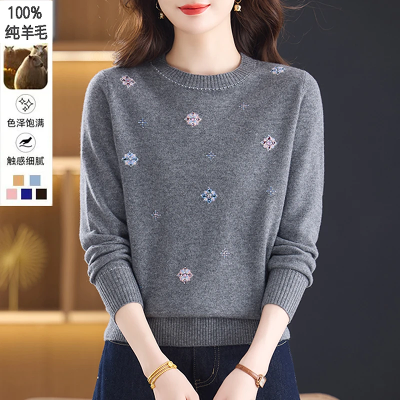 【100%绵羊毛】中老年女装精仿羊毛衫圆领毛衣秋冬妈妈装保暖打底衫
