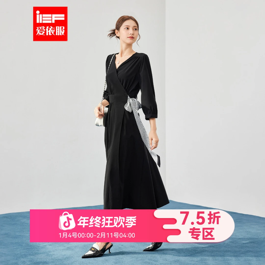 IEF/爱依服连衣裙2025夏秋新款韩版成熟通勤气质V领收腰连衣长裙