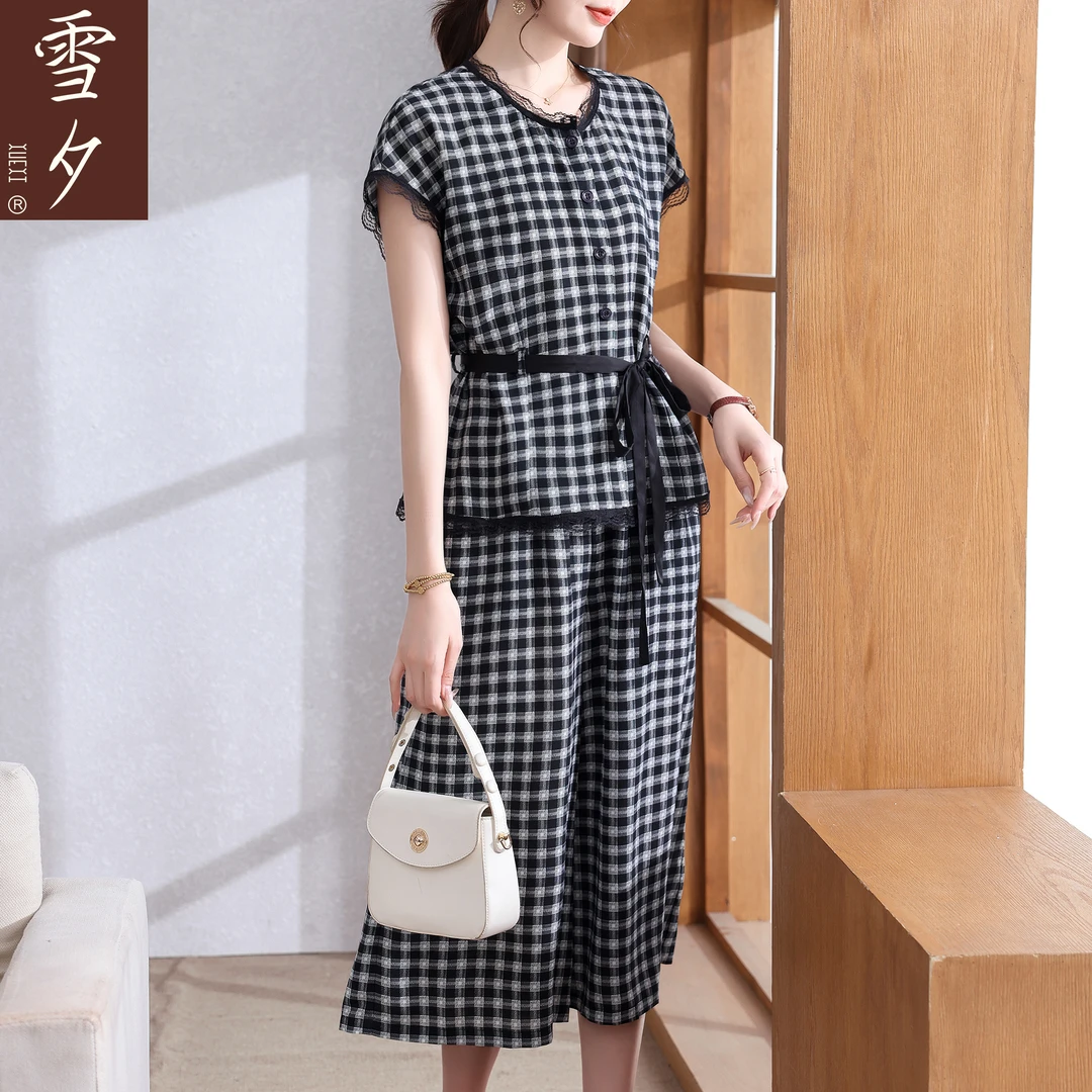 雪夕妈妈夏装短袖雪纺套装2025新款中老年女棉绸上衣阔腿裤两件套