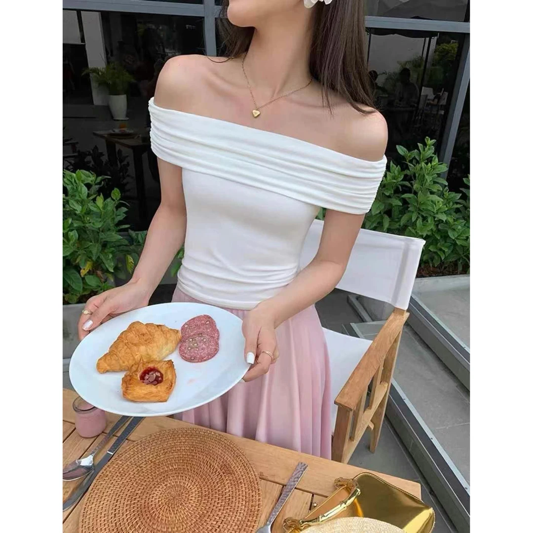 气质纯色一字肩修身上衣显瘦百搭露肩女夏季
