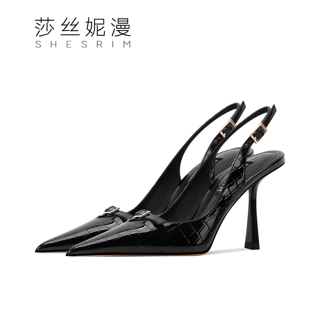 147-2025夏季漆皮尖头白色包头凉鞋后伴带细跟斩男气质名媛高跟鞋