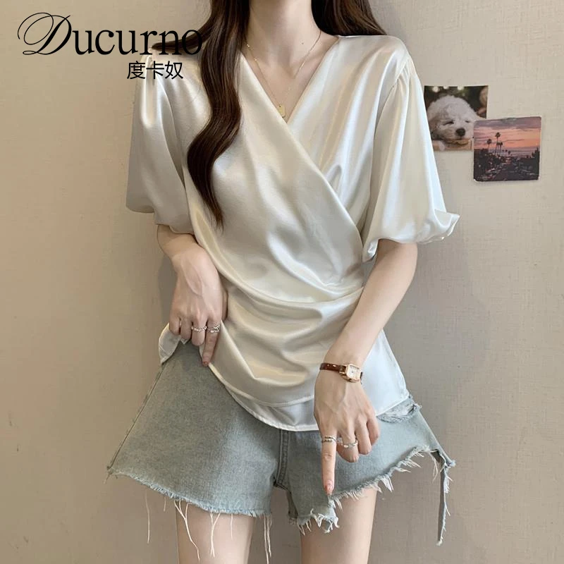 大码夏季遮肚子泡泡袖V领交叉衬衫女胖妹妹气质显瘦潮流短袖上衣