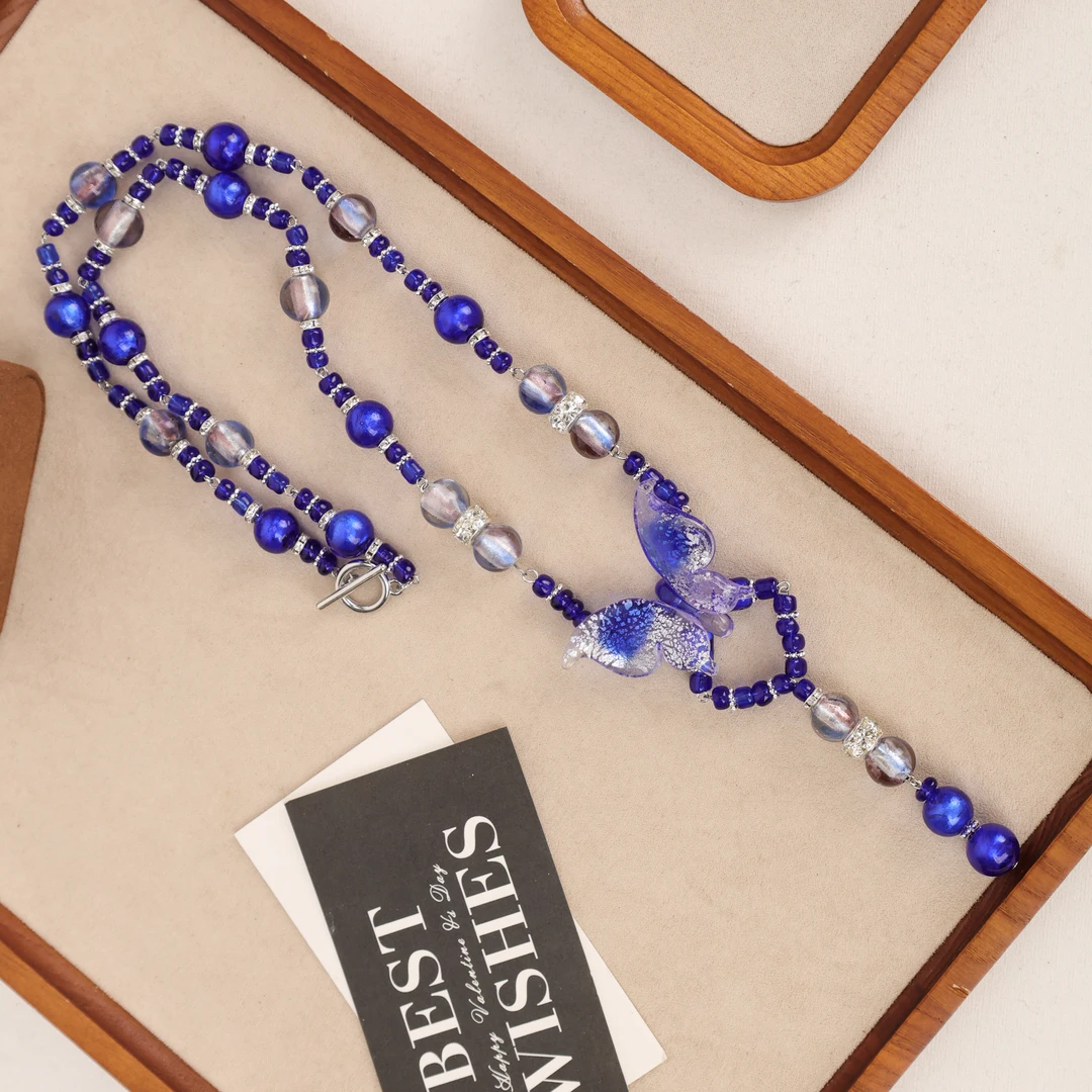 合金项链 LZ2258 蓝色银箔蓝色蝴蝶琉璃项链