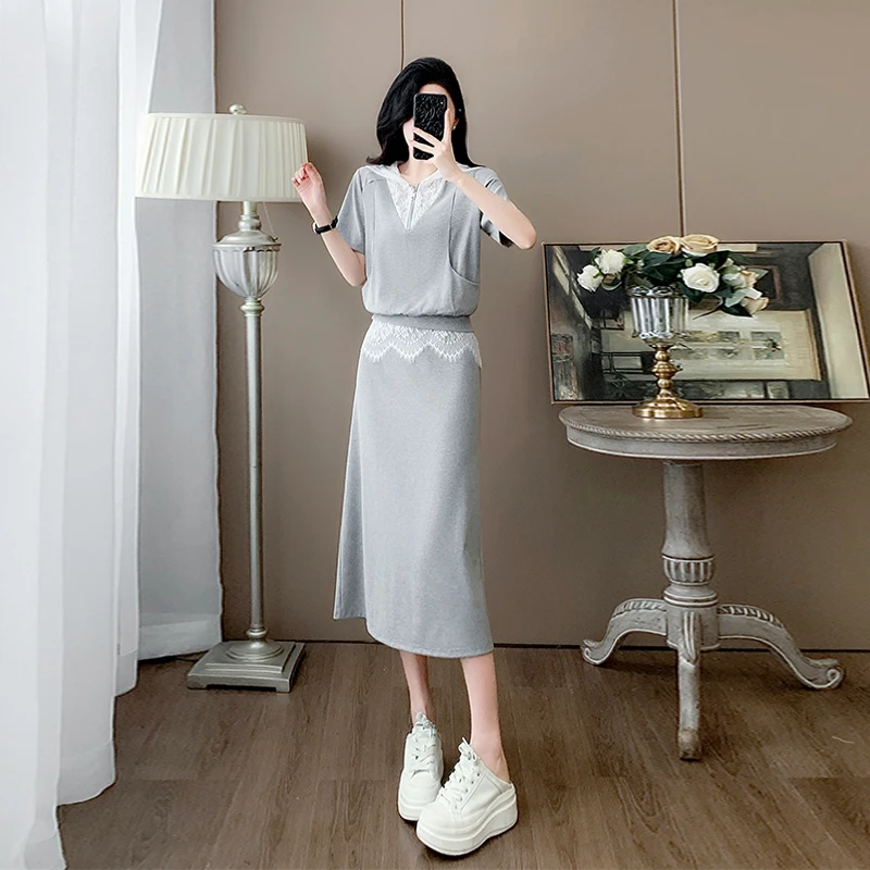 法式洋气休闲运动套装女夏拼接蕾丝气质灰色短袖上衣半身裙两件套