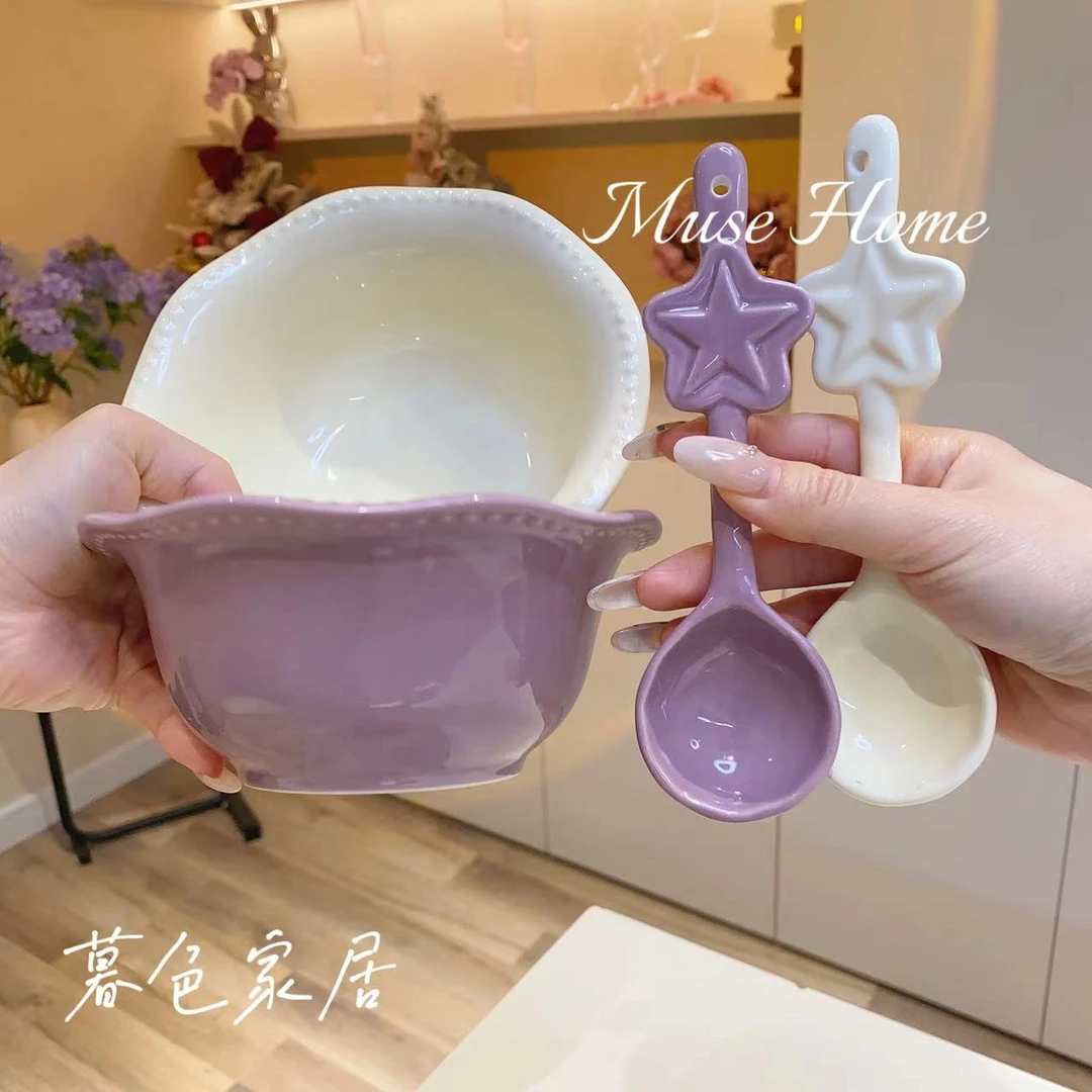 【a法式珠点面碗1碗1勺】6英寸面碗+勺子组合陶瓷釉下彩高颜值餐具