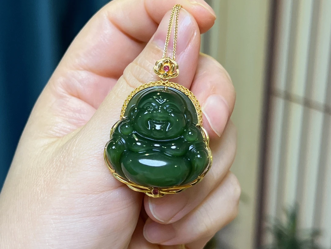 【玉缘汇】精品18k金和田玉碧玉冰绿佛公30mm简约大方（不含链子