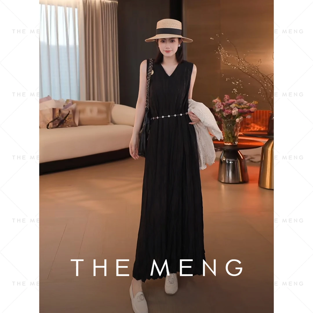 THE MENG【魅影】亚麻流光缎面法式优雅无袖显瘦连衣裙#M251G0038