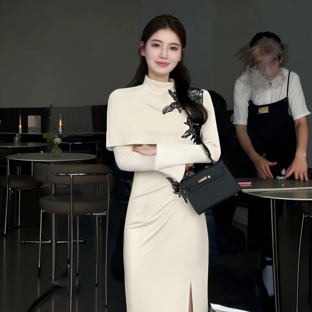 B【两件套】2025秋季新中式针织连衣裙送披肩打底长袖旗袍裙子D4217