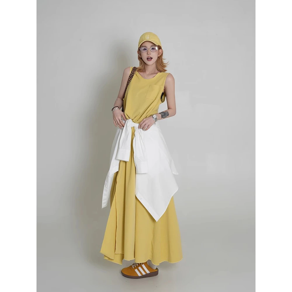 纯色V领无袖背心连衣裙女夏季新款韩系开叉设计感宽松裙子长裙