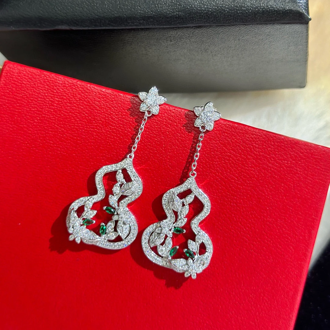 925银耳饰 S925 银最新绿钻小葫芦长款耳环重工工艺气质时尚潮流