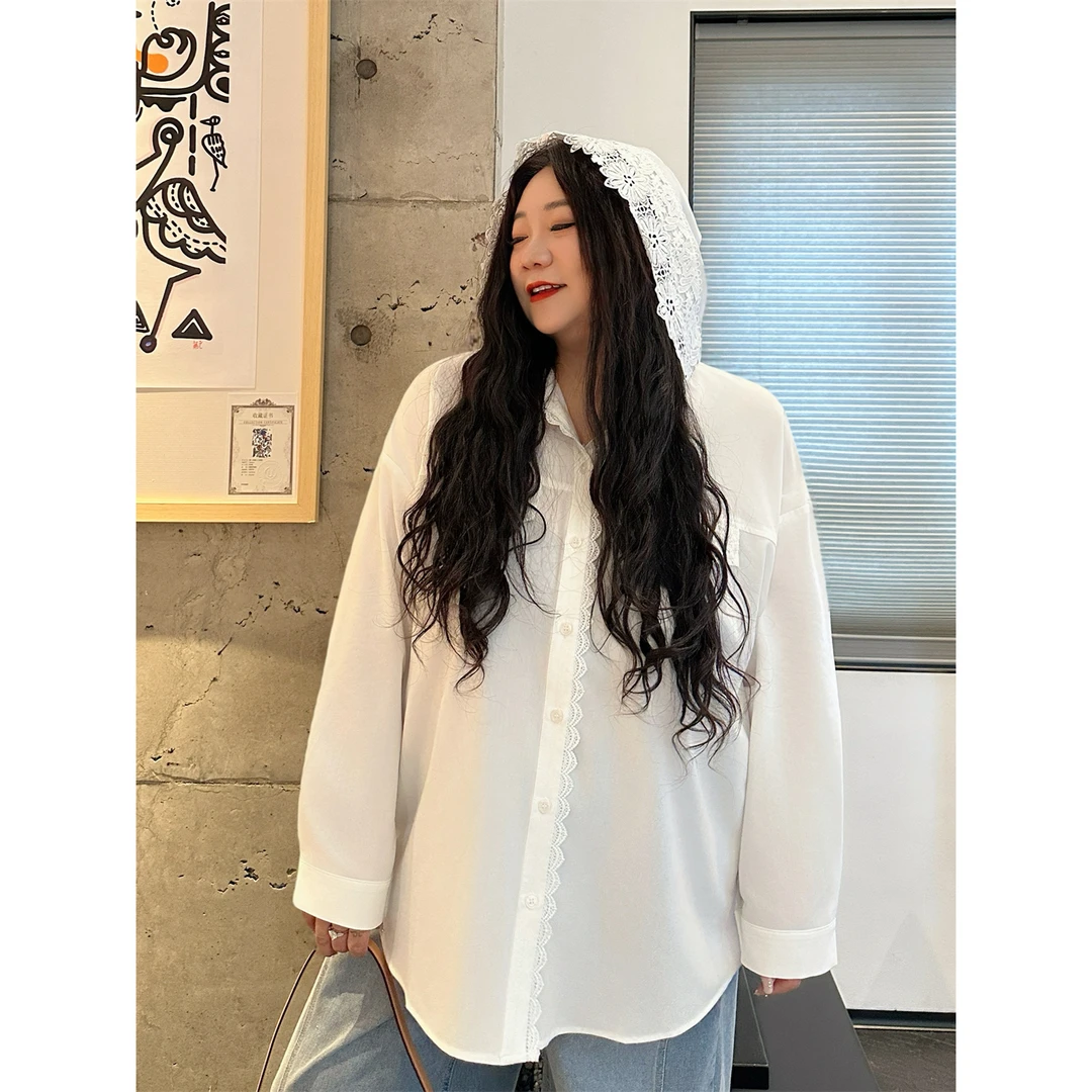 断码捡漏~小岛日记 / 温柔风蕾丝拼接连帽衬衫18156花契大码200斤