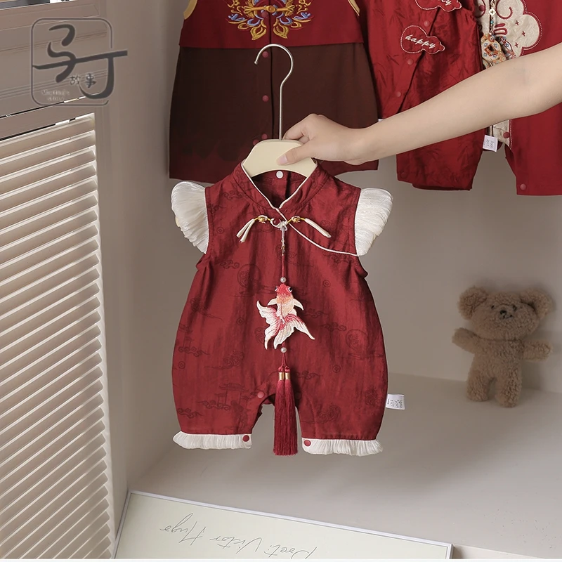 周岁婴儿礼服新生儿短袖夏款国风女宝宝连体衣抓周百天宴中式包屁