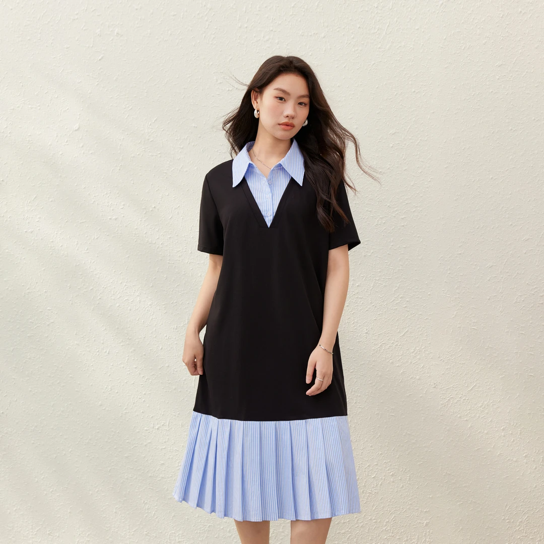 【美院新生】纤莉秀W大码女装学院风条纹设计感拼接连衣裙QK1523