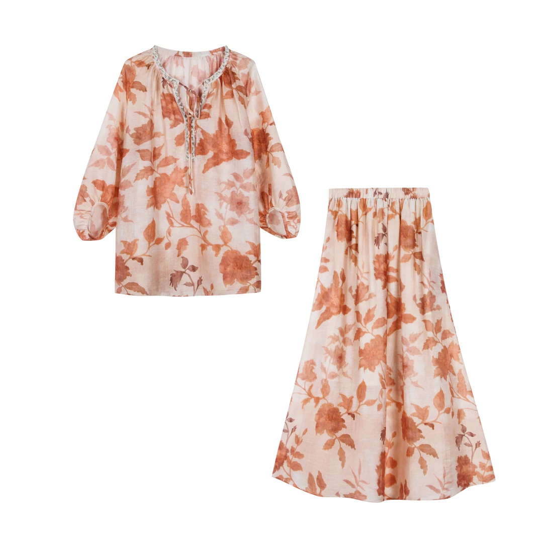 洋气减龄七分袖V领上衣女清凉透气防晒宽松显瘦半身裙