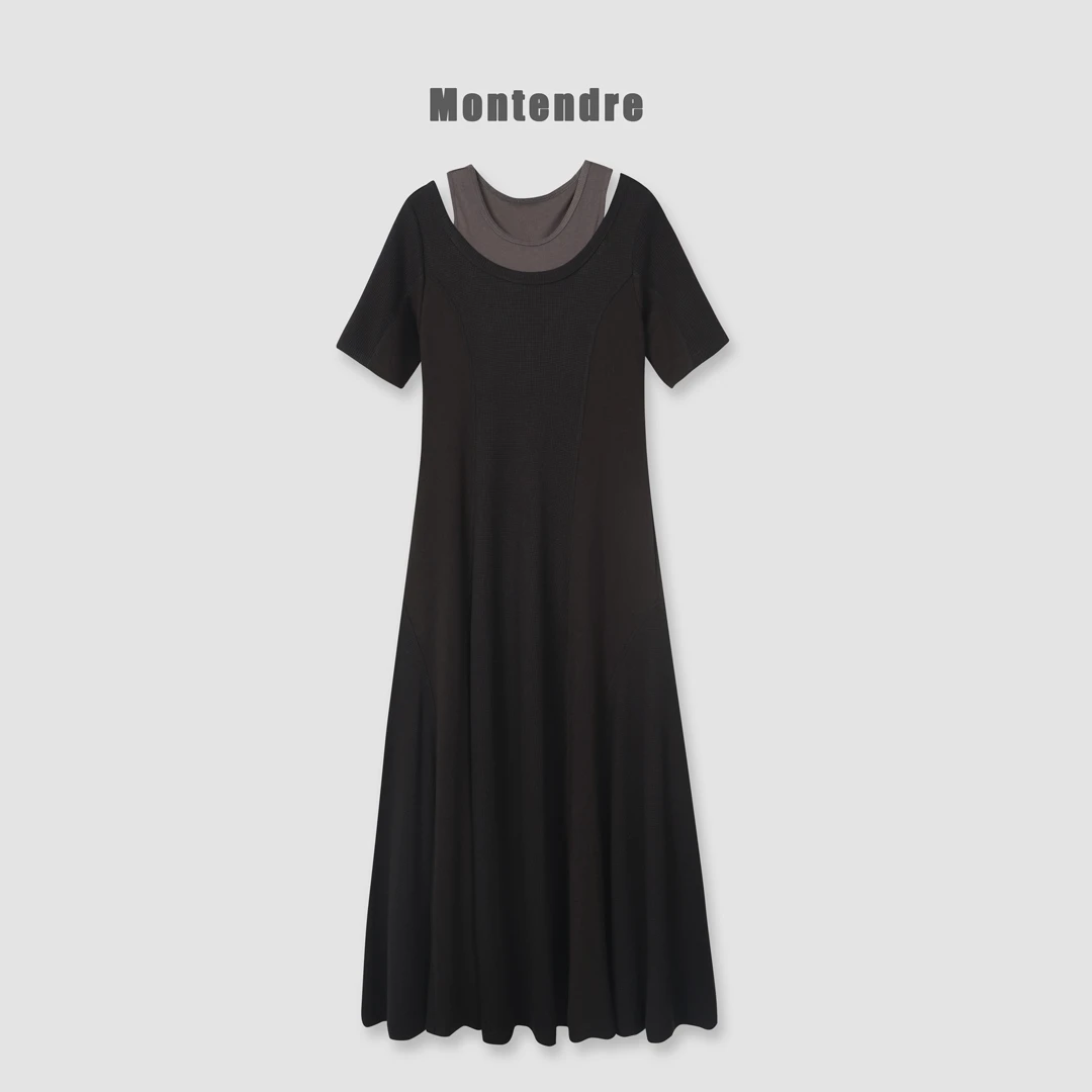 【胖虎家】春夏新款 气质时尚纯色设计感简约显瘦拼接大摆连衣裙