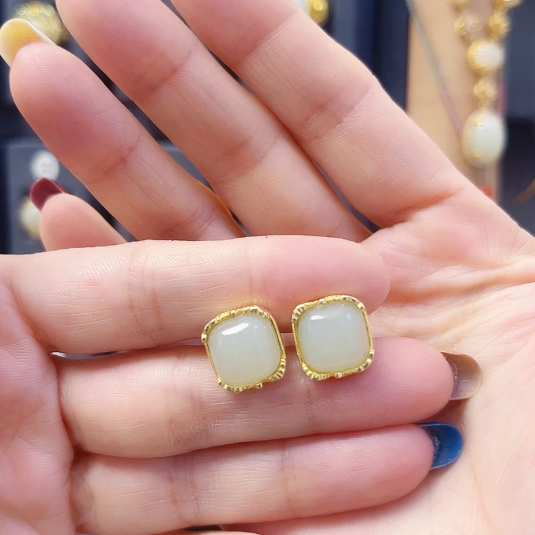 和田玉银S925镀金镶嵌耳饰