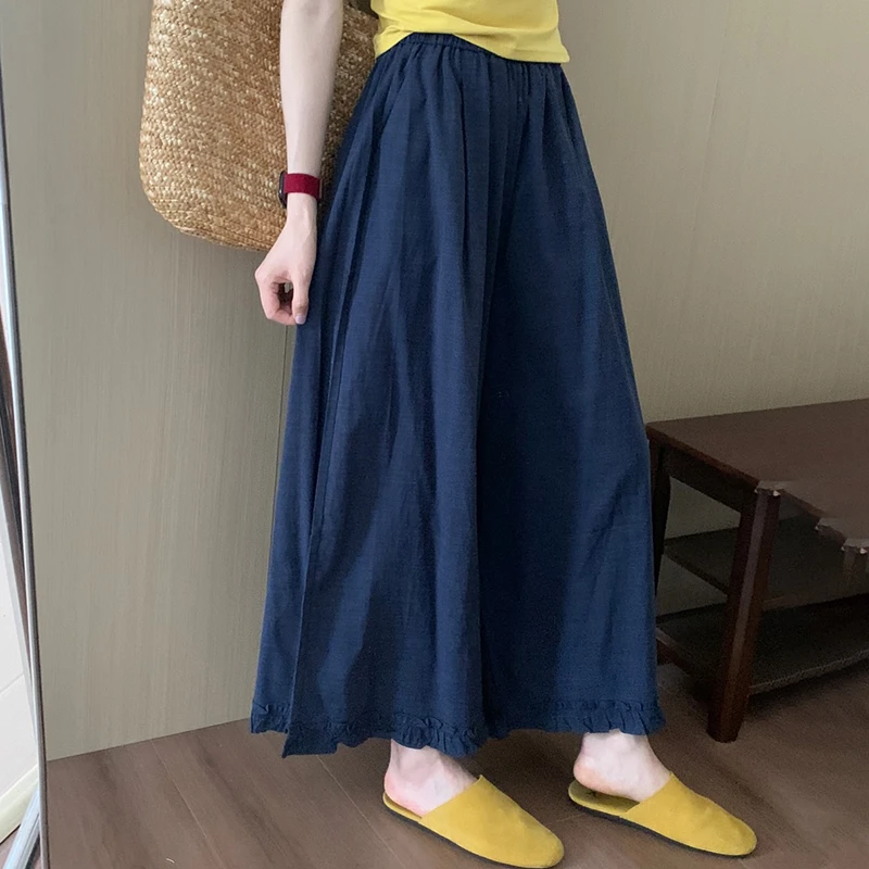 藏青色木耳花边裙裤女夏季薄款2025新款休闲慵懒宽松小个子阔腿裤
