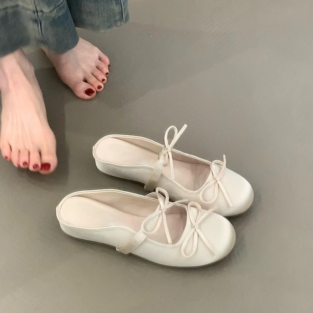 法式内增高蝴蝶结包头舒适平底圆头绸缎面半拖凉鞋女