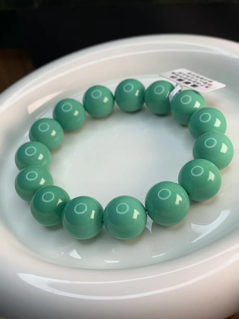 湖北珍藏级14mm纯手工原石原料精工绿圆珠手串