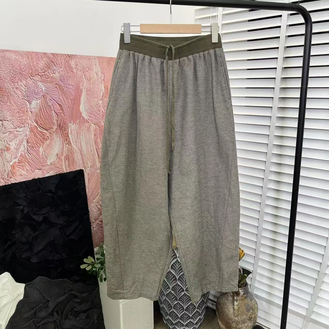 日系新款「千鸟格舒适松紧腰」阔腿休闲长裤E5073