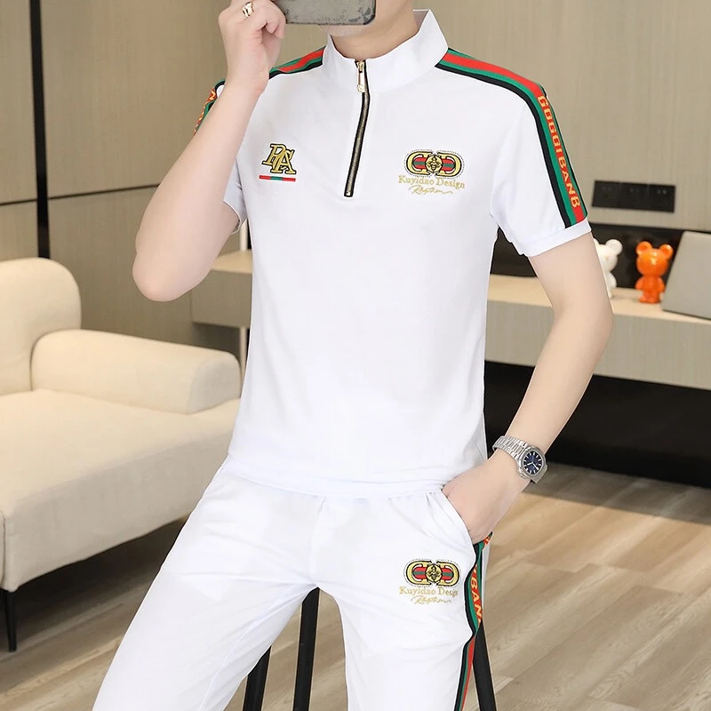 2025夏季立领拉链衫男休闲百搭高棉简约短袖裤子套装TZ8039