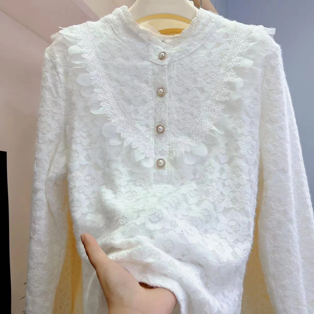 提花网纱蕾丝边加绒冬季新款保暖水貂绒蕾丝衫(套头)