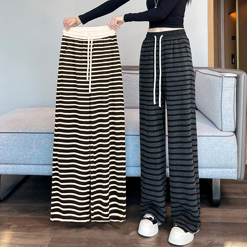 条纹运动阔腿裤女春秋季2025新款加绒裤子女冬季休闲窄版直筒卫裤