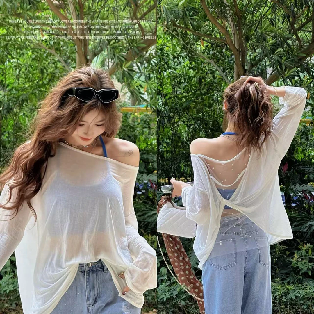 【氧气美女】韩系气质长袖时尚防晒露背百搭T恤上衣