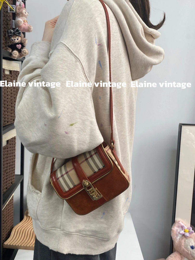 95新 BURBERRY/博柏利 橘红拼经典格纹单肩斜挎包()/Y406