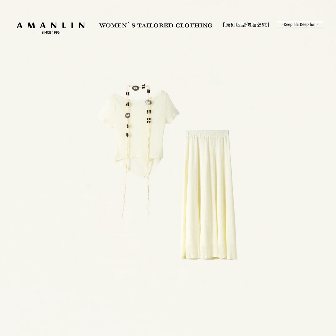 AMANLIN/阿谩琳欧若风网纱拼接收腰法式民族风连衣裙套装Y597195