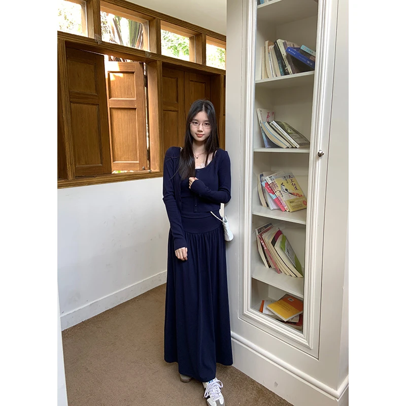 王少女的店 藏青色吊带针织衫半裙三件套春季气质套装 S29894S51