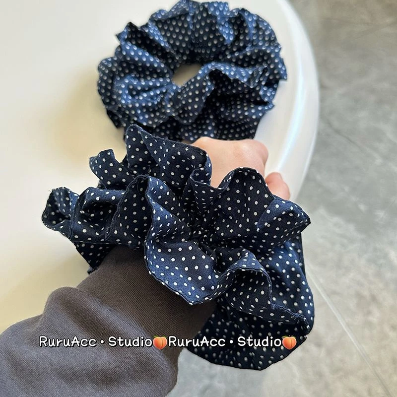 森系复古布艺蓝色波点大肠发圈双层高级感丸子头发绳韩国少女头绳
