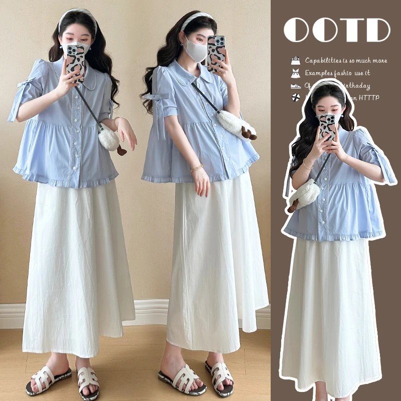 2025年显瘦夏季孕妇甜美娃娃领拼接蕾丝衬衫+托腹半裙两件套装