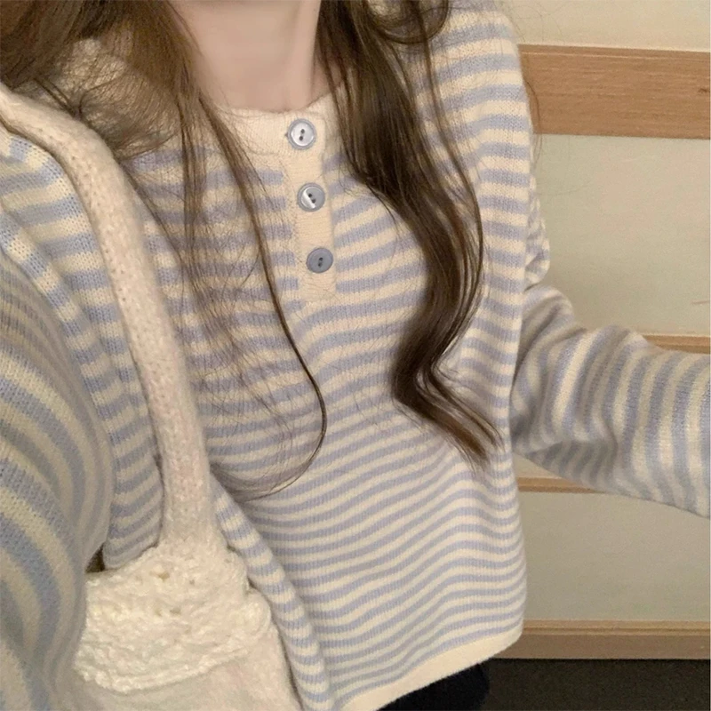 可爱百搭简约韩系慵懒风蓝白条纹设计撞色针织衫秋季新款圆领上衣