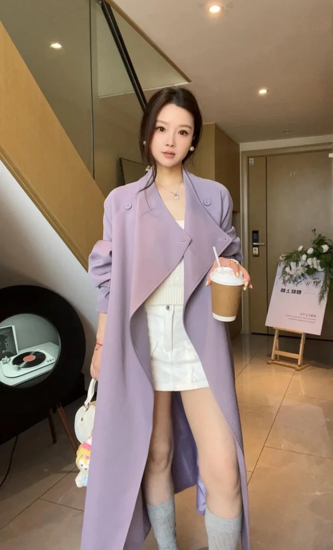 极简老钱风宽松时尚百搭2025春季垂感翻领风衣女款大衣长款外套