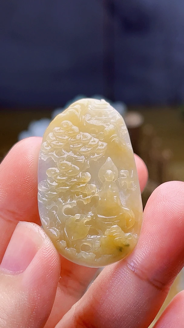 天然缅甸翡翠满黄翡山水悟道毛货买断需抛光尺寸41-24-6.7