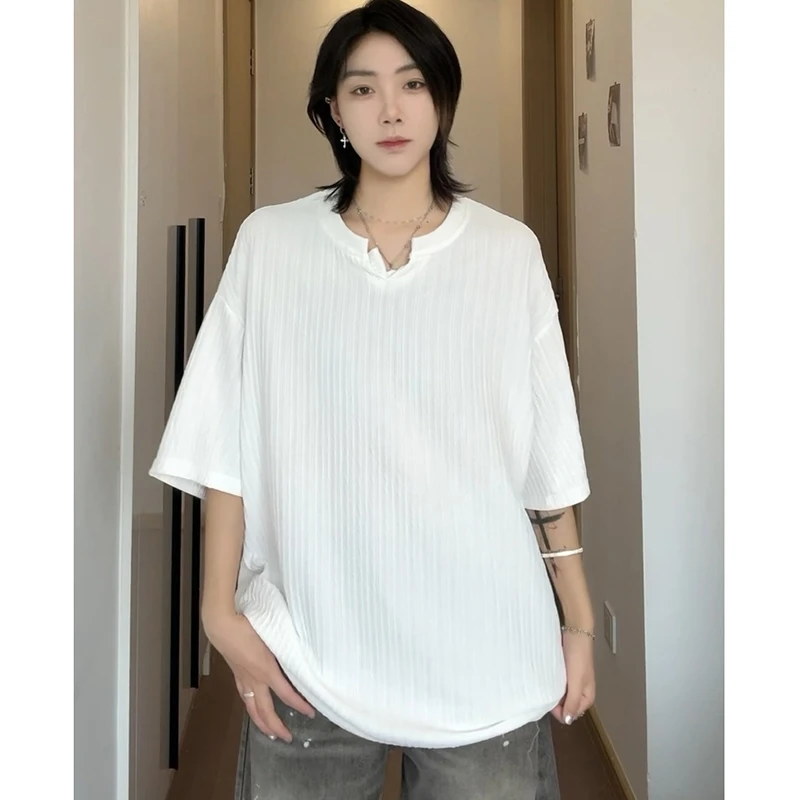 美式提花肌理感t恤男短袖夏季薄款宽松休闲体恤衫痞帅五分袖衣服