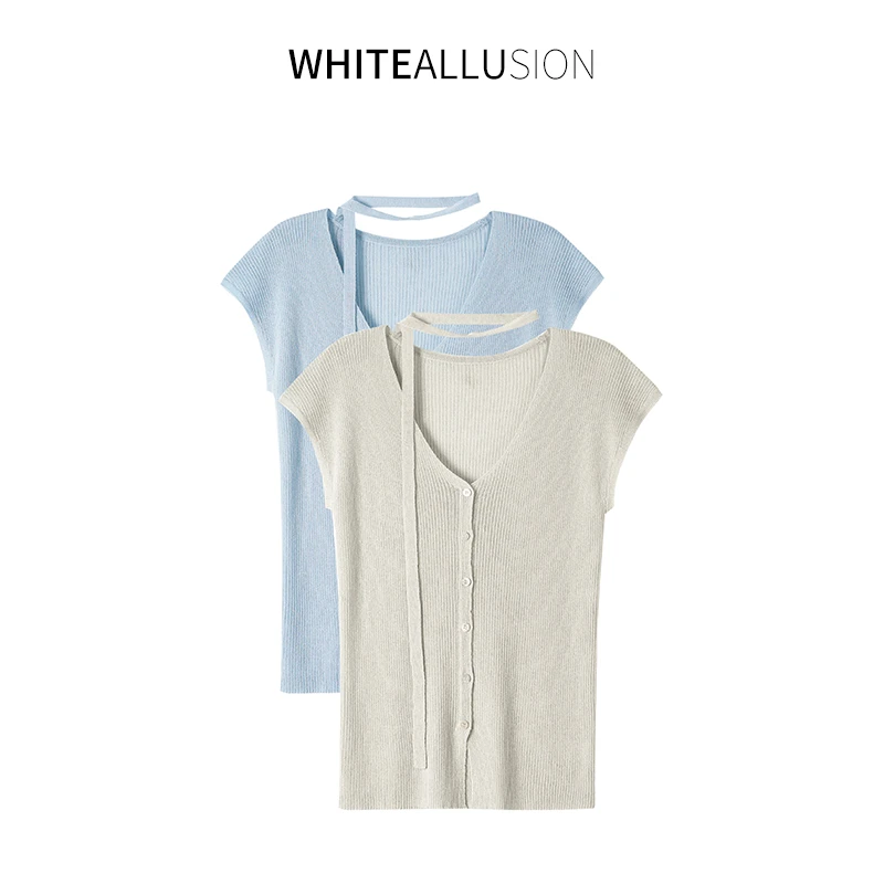 素典【糖霜冰糕】薄款落肩针织衫女系扣飘带显瘦简约气质上衣4501