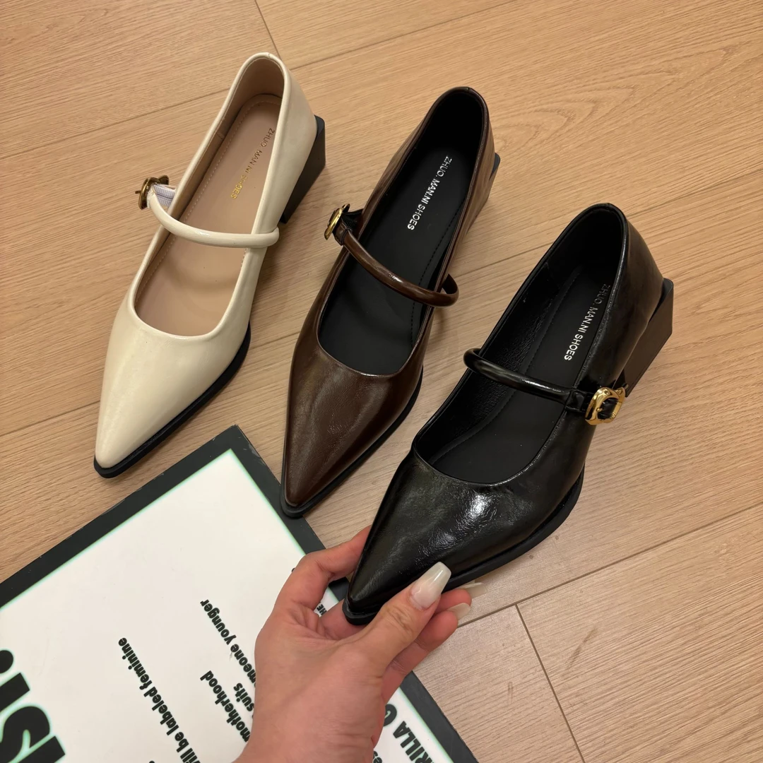 （1）女粗跟中跟尖头单鞋2025新款春季一字扣玛丽珍小皮鞋晚晚鞋
