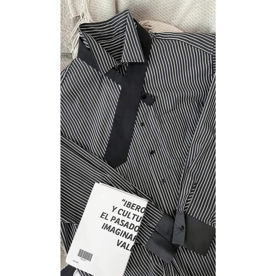 龙叨叨春夏新款潮流复古高级感领带设计条纹宽松百搭衬衫上衣